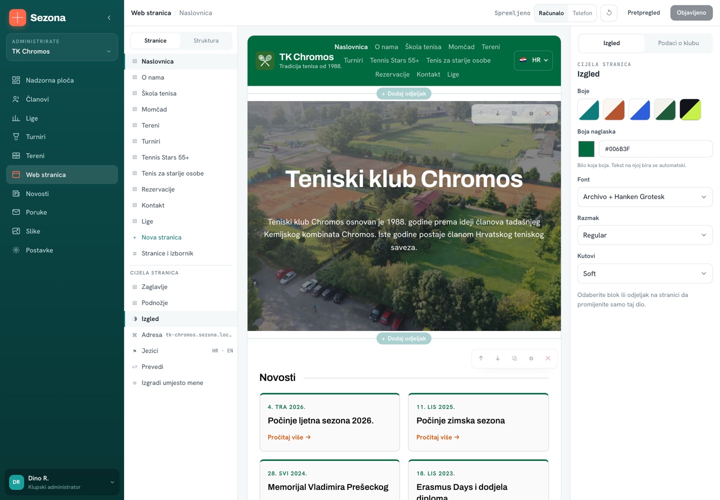 Uređivač web stranice s popisom stranica, platnom i postavkama izgleda